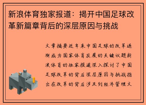 新浪体育独家报道：揭开中国足球改革新篇章背后的深层原因与挑战